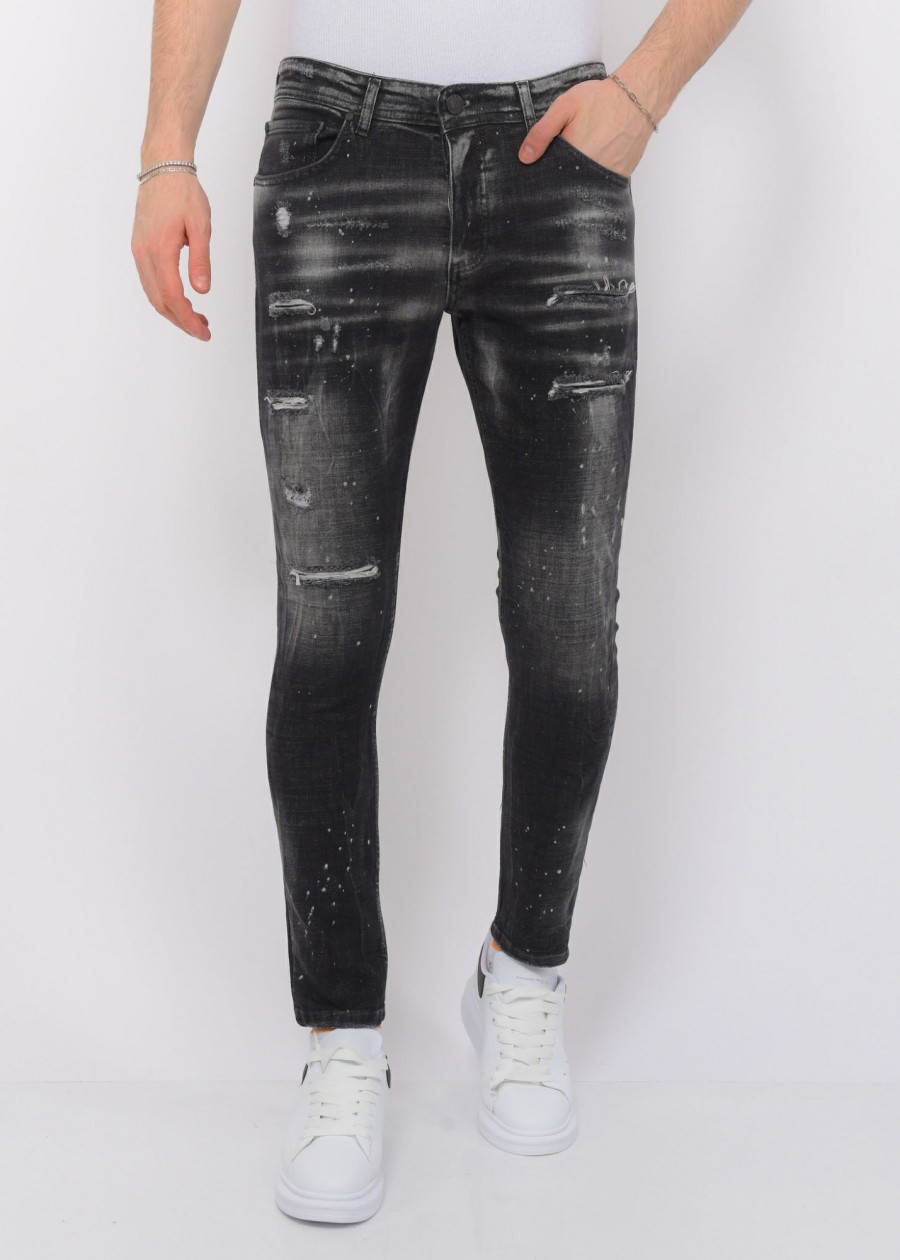 Vaqueros local fanatic | Paint Splatter Jeans Stonewash Hombre - Slim Fit -1084- Negro