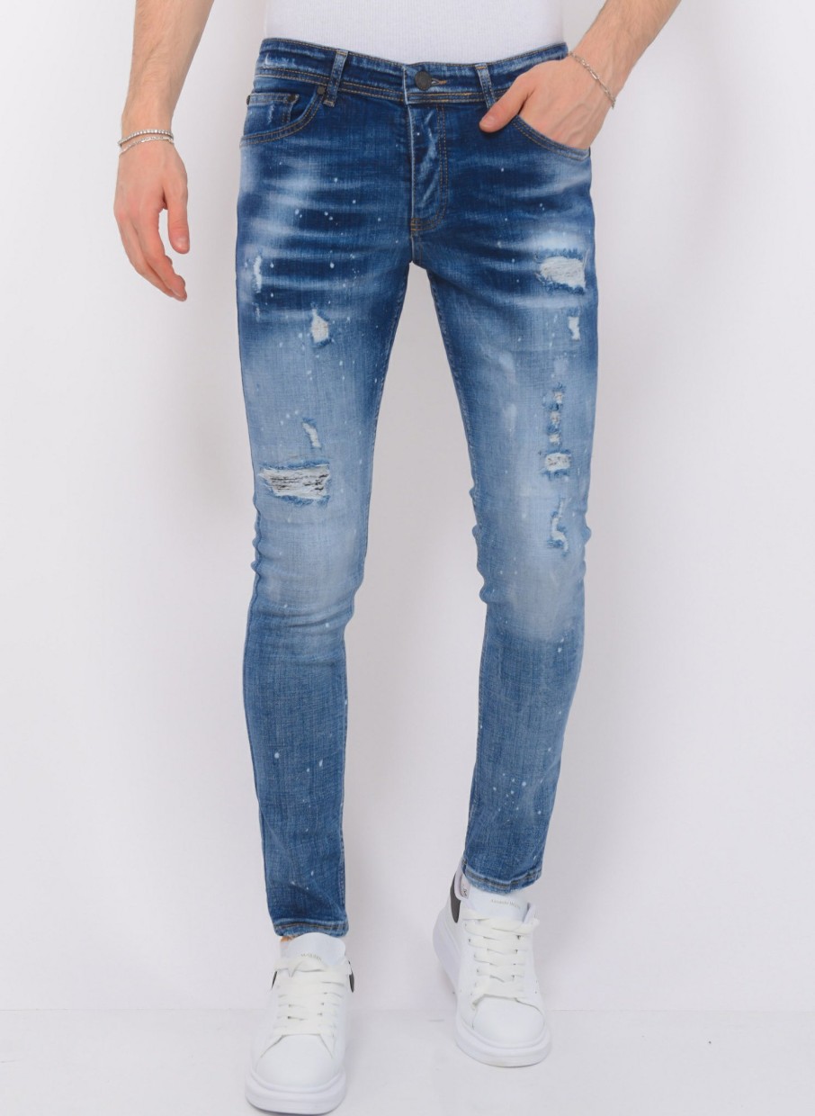 Vaqueros local fanatic | Paint Splatter Ripped Jeans Hombre - Slim Fit -1079- Azul