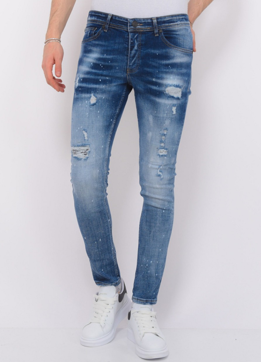 Vaqueros local fanatic | Paint Splatter Ripped Jeans Hombre - Slim Fit -1079- Azul